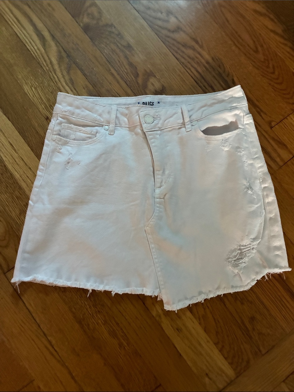 PAIGE White Distressed Denim Mini Skirt